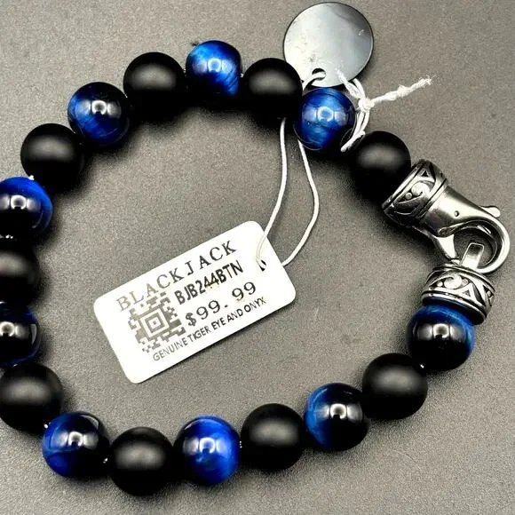 Blackjack BJB244BTN Men’s Blue Tiger Eye Onyx Beaded Bracelet 10mm NIBWT
